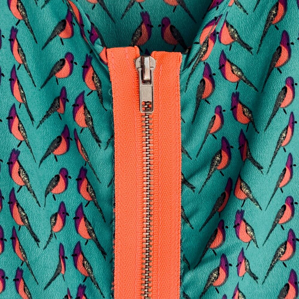 B Jewel Turquoise Scoop Neck Bird Print Tank Top Orange Trim Zipper Back Large - Picture 3 of 12